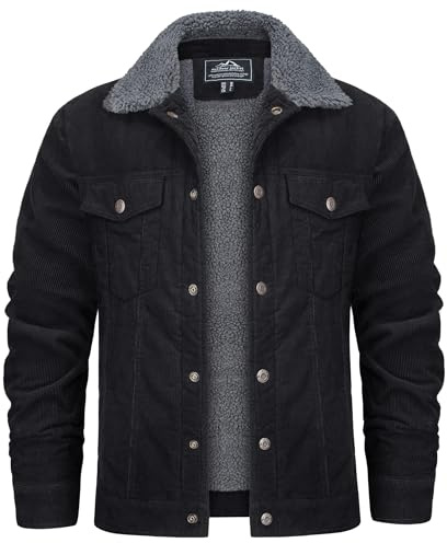KEFITEVD Mens Corduroy Jacket Fleece Lined Winter Warm Trucker Jackets Thick Lapel Collar Windbreaker with Pockets,Black,XL