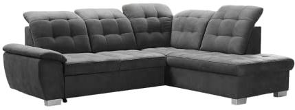 Ecksofa Lotta 258 x 212 x 108 cm - modernes Sofa, bequem mit hochelastischem Schaumstoff, mit Bettkasten, mit Schlaffunktion, angenehm anzufassendes Veloursmaterial (rechte Seite, Dunkelgrau)