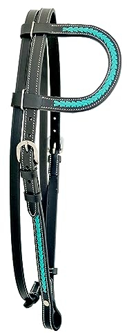 WeavingCraft Echtes Top Grain Schwarz Leder Western Einohr Halfter Zaumzeug mit handgeflochtenem türkisfarbenem Rohleder