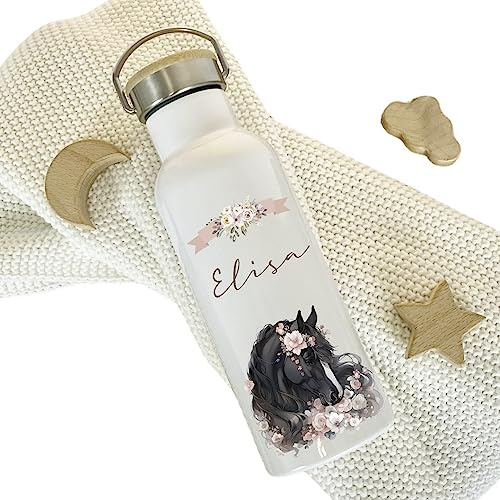 Manufaktur Liebevoll Trinkflasche Motiv Pferd Pony mit Namen als Geschenk für Mädchen | 500 ml auslaufsichere Isolierflasche aus Edelstahl I Flasche für Kita Schule Sport (Motiv Elisa)