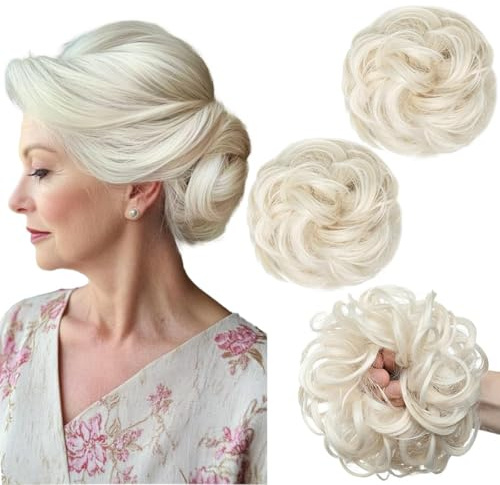 2 Pieces Messy Hair Buns Extensions Curly Elastic Easy Scrunchies for Women Girls Large Synthetic Donut Updo Hair Chignons,platinum blonde