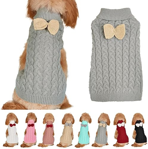 Hundepullover Weste Hund Rollkragenpullover Schleife Stricken Kleine Hundepullover Warme Hunde Winterkleidung Pullover Hundemantel Weihnachtskostüm für Hunde Katzen (Grau, L)