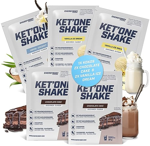 Energybody® KET'ONE Keto Shake Probierpaket 5x20g - Protein Pulver für die Ketogene Ernährung - mit MCT Pulver & Molkenproteinisolat - reich an essentiellen Aminosäuren & BCAAs