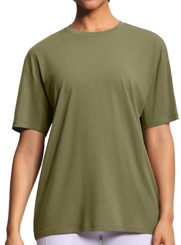 THE GYM PEOPLE Damen Oversize Baumwolle T-Shirt Kurzarm Basic Sport Shirts | Abfallende Schulter, Übergroße, Rundhalsausschnitt, Einfarbig, Leicht, Atmungsaktiv, Weich, Sommer Tops Fashion Gym Freizeit