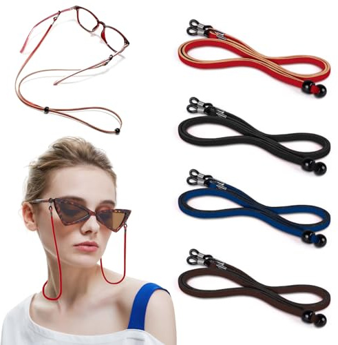 MEGAVOW 4 Stück Brillenband aus Pu-Leder, Universal Brillenbänder Sport Einstellbarer Brillenkette für Damen und Herren, Brillen Kette Brillenband Schwimmfähig Brillenschnur