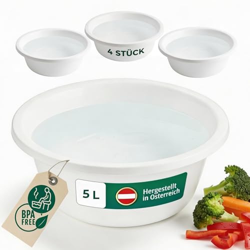 Novaliv 4x Spülschüssel Rund 5L, D32 cm, Weiß, BPA-frei Spülmaschinenfest Ideal für Küche und Camping, Rundschüssel, Runde Plastikschüssel, Waschschüssel, Kunststoffschüssel, Plastic bowl