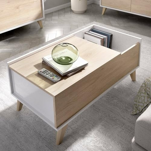 Dmora - Cuna Couchtisch, Wohnzimmer-Zeitungsständer mit Ablagefach, niedriger hochklappbarer Couchtisch, 99 x 60 x 41 cm, Eiche und Weiß