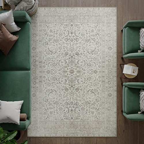 artyrugs Machine Washable Rug, 200x290cm, 75% Recycled Cotton, Short Pile, Non-Slip Backing, Non-Shedding, Suitable for Living Room, Bedroom, Kitchen, Hallway, Office, Ashen Cream