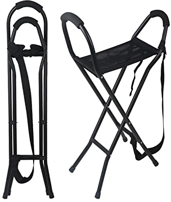 Sedia pieghevole per bastone da passeggio con 2 manici e 4 gambe, sedia da campeggio portatile in alluminio per anziani, sgabello da viaggio leggero per campeggio