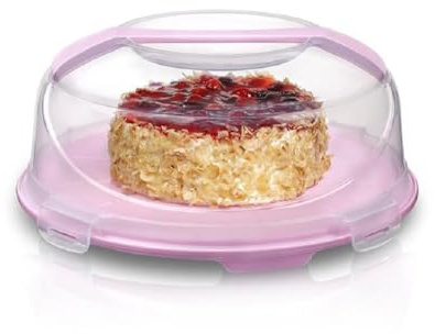 Optimal Products Large Round Transparent Cake Storage Carrier Box Container Clear Lockable Lid Cover 3 Multi Colour Kitchen (Pink & Clear)