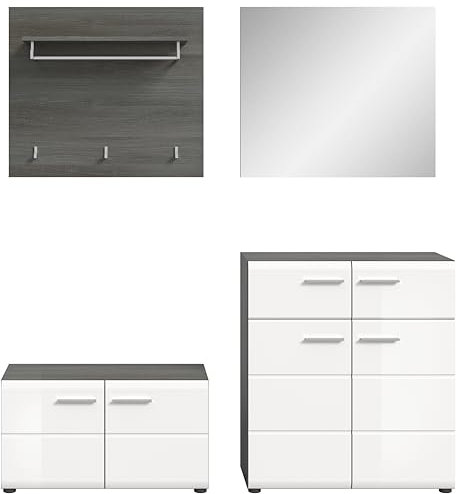 furnling Garderobenkombination Samuel, Garderoben-Set 4-teilig aus Garderobenpaneel, Sitzbank, Schuhkommode, Spiegel, FSC Zertifiziert, Garderoben Komplettprogramm, Garderobenmöbel, Rauchsilber/weiß