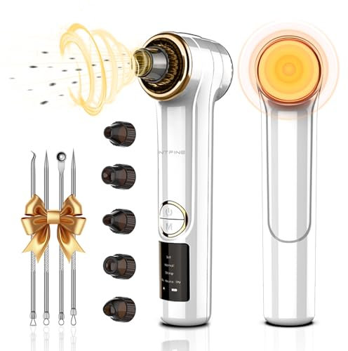 BENTFINE 2 in 1 Blackhead Remover Vacuum, 2025 Newest Pore Vacuum, Blackhead Vacuum Extractor, Whitehead Remover Tool with Heating Mode, Facial Pore Cleaner Electric with 5 Heads & 3 Suction (White)