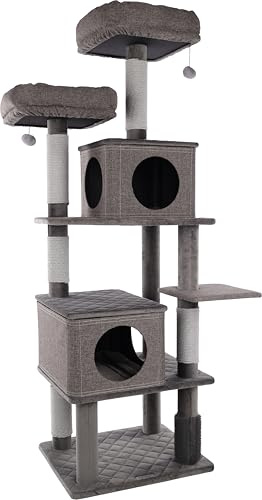 Flamingo Premium XXL Katzbaum Aurora grau 80x70x171cm - Gepolsterte Liegefläche - Abnehmbare Körbe und Kissen - Kratzstamm mit Kratzseil, Spielzeug mit katzenbell und Gummibürste