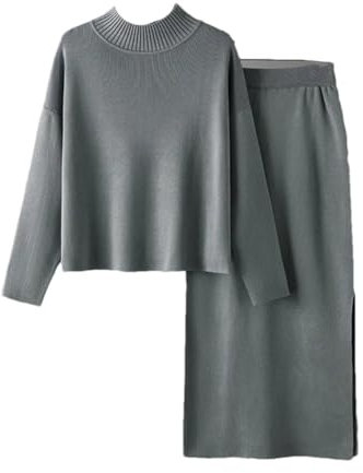 2-teiliges Strickset für Damen, geteilter Rock, Trainingsanzüge, Rollkragenpullover und langer, gerader Midi-Rock, grau, Einheitsgröße