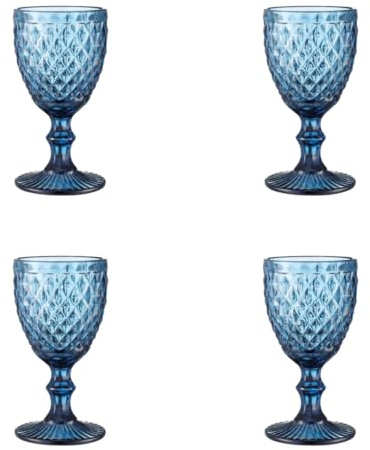 Set of 4 Vintage Style Goblet Glasses - Embossed Wine Glasses with Elegant Pattern, 300 ml - Perfect for Weddings, Parties, and Home Decor (Blue Diamond)