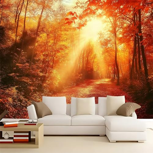 Photo Wallpaper 137.8 x 100.79 350 x 256 cm (W x H), Autumn Forest Trail Printed Wallpaper murals Orange Color Non-Woven murals Wallpapers for Living Bedroom and Villa Wall Decoration