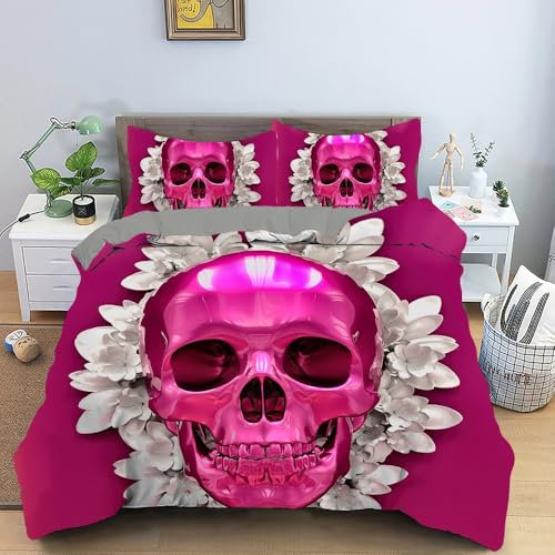 MLUNKQAIL BettwäSche 135x200 rosarot Bettbezug Set 3 Teilig Totenkopfblume Flauschig BettbezüGe und 2 Kissenbezug 80x80, Allergiker BettwäSche-Sets Weiche Microfaser mit ReißVerschluss