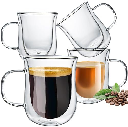 CRYSTALIA Double Walled Glass Mugs for Hot Drinks with Handles 4 x 350ml Clear Glass Coffee Mugs, Double Insulated Latte Mugs, Flat White Coffee Cup, Hot Chocolate Glasses, Macchiato, Cappuccino