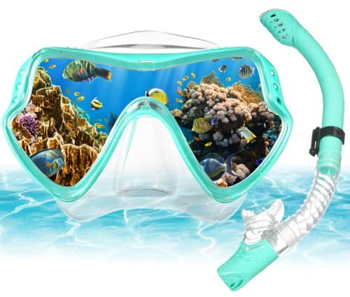 AOOSA Mascara Buceo+Tubo de Snorkel Set para Adulto, Vidrio Templado Antivaho Gafas de Buceo, Panorámicas A Prueba de Fugas Kit de Snorkel con Parte Superior Seca para Natación y Viajes (Azul)