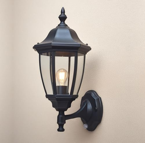EBION Applique Da Esterno E27，Lanterna Lampada Con Sensore Di Movimento Plastica,Lampioni Da Giardino Da Esterno Vintage, IP44 Impermeabile, Nero (Lampadina Non Inclusa