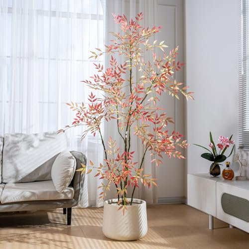 6ft Faux Bamboo Tree Artificial Nandina Tree Artificial Indoor Plants Realistic Fake Potted Tree with 800+ Leaves, Cement Planter - Home Office Decor Perfect for Housewarming Gift Non-Toxic