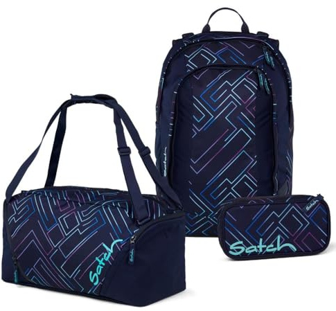 Satch Air Schulrucksack Set 3tlg. inkl. Schlamperbox und Sporttasche (Purple Laser)