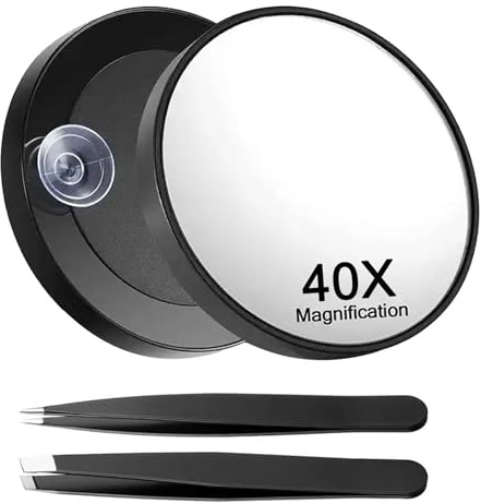 CHUMHU 40x Magnifying Mirror with Suction Cup, 2 Tweezers, Black | Suction Cup, Tweezers, Vision Impaired Friendly, Wall Mount
