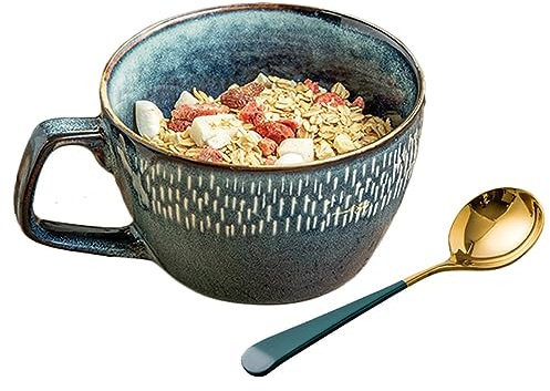 Tazza Retrò Grande In Porcellana Di Farina D'avena Con Manico - Tazza Da Caffè Larga 600 Ml Tazza Da Colazione E Scodella For Zuppa Con Cucchiaio, Tazza Di Cereali For Dormitorio Studentesco For Latte