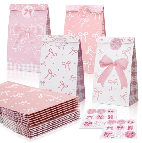 Vyuwast 12 Schleife Geschenktüten Kindergeburtstage mit 18 Aufkleber, Papiertüten Candy Bunte Geschenktüte, Candy Tüten Süssigkeiten Beutel, Geschenktüten zum Verpacken von Geschenken (Rosa)