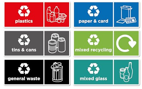 6X Recycling & General Waste Bins Stickers Self Adhesive Vinyl 150 × 60 mm Waterproof General Waste Decals Removable Mixed Recycling Signs for Outdoor Kitchen Pack of 6 Trash Garbage Can Stickers L