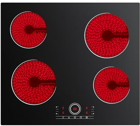 CDV Plaque de Cuisson Electrique 6000W, Plaque Vitrocéramique 4 Feux Encastrable, 59CM, Minuteur, Verrou de Sécurité, Pour tous Types de Casseroles