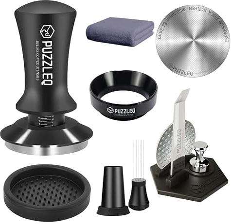 9 Pcs 58mm Espresso Accessories Kit, Spring Loaded Calibrated Tamper,mat，WDT Tool，Dosing Funnel，Puck Screen kit，Basket Removal Tool ，Cleaning ClothSet,Fits 58mm Espresso Coffee Machines(58MM)