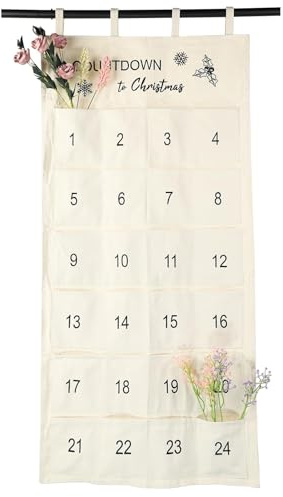 MHwan Calendario Adviento para Rellenar, Exquisitas Bordado Calendario de Adviento para Rellenar, Tela de Lona Engrosada Duradera, Reutilizable (Beige)