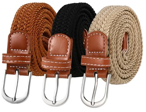 JewelryWe Damen Elastisch Flechtgürtel Set: 3 Stück Boho Geflochtene Stretch Gürtel ohne Löcher Stoffgürtel mit Metallschnalle Länge 118cm Verstellbare Dehnbare Damengürtel für Jeans Kleid