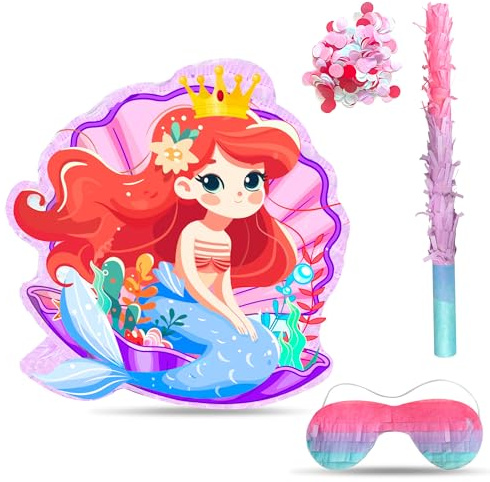 Mermaid Party Pinata Bundle, 4 in 1 Little Fish Piñata with Stick Blindfold Confetti etc for Mermaid Birthday Party Decorations Carnival Activity