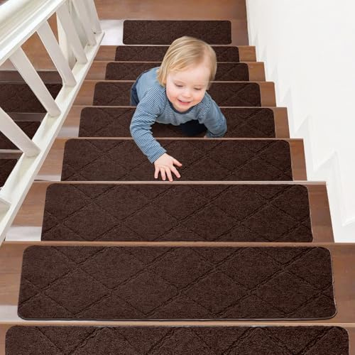 15 Stk Stufenmatten 55x19cm, Selbstklebende Anti-Rutsch Treppenmatten für Innenbereich, Wiederverwendbar, Zuschneidbar für Holzstufen, Ideal für Kinder, Senioren, Haustiere (Braun – Rautenmuster)