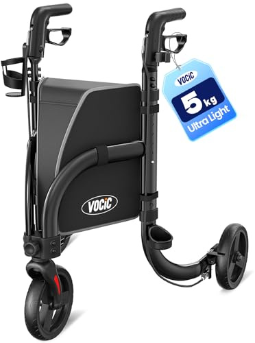 VOCIC Z25 Rollator Walker for Seniors, Aluminum 3 Wheel Foldable Rollator with Cane Holder & Cup Holder, 20CM All Terrain Tires, Lightweight, Height Adjustable, Max 136KG(Black)