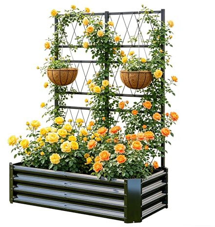 Hochbeet mit Rankgitter, Metall-Pflanzkasten mit Rankgitter, robuster Pflanzkasten für Kletterpflanzen, Gemüse, Tomaten & Blumen,als Sichtschutz für Balkon & Terrasse,121 x 61 x 151 cm,Schwarz