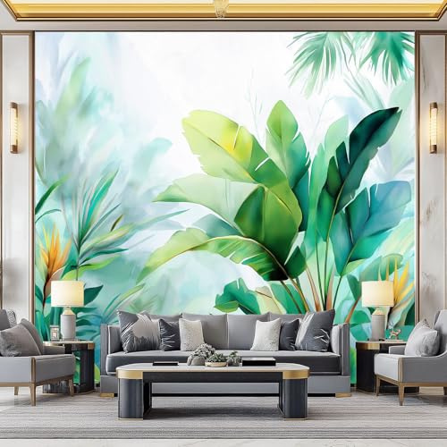 Carta da parati fotografica con acquerello, foglia di banano, in tessuto non tessuto, 200 x 140 cm (larghezza x altezza), bianco/verde, moderna decorazione da parete per cameretta dei bambini, camera