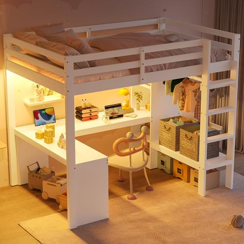Yihomfy Lit Mezzanine Enfant 90x200 avec Bureau Intégré et Étagères Multifonctions, LED Réglable par Bluetooth, USB, Garde-Corps de Sécurité, Cadre en Bois de Pin et MDF pour Chambre d'enfant