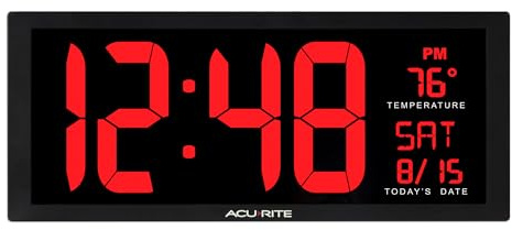 AcuRite Large Digital LED Oversized Wall Clock with Date and Temperature, Perfect for Home or Office (75127M), 14.5-Inch, Red