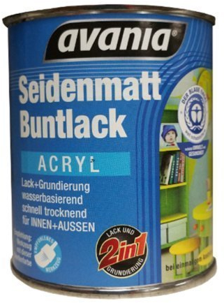 Avania Seidenmatt Buntlack/Acryllack/weiß / 2,5 l / 2 in 1 Lack u. Grundierung/Malerqualität für Holz, Putz,Beton, Mauerwerk, Kunststoff,Eisen, Stahl, Metall,Zink, Aluminium, Kupfer
