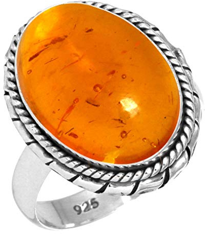 Jeweloporium Anillo de plata con ámbar naranja, talla 20, anillo de plata de ley 925 para mujer, piedra ovalada gruesa, joyería bohemia