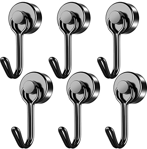 FINDMAG Magnetic Hooks, 6 Pack 40 lb+ Swivel Swing Neodymium Magnet Hooks, Black Magnet with Hook Heavy Duty, Strong Magnetic Hook for Hanging, Camping, Kitchen, Workplace