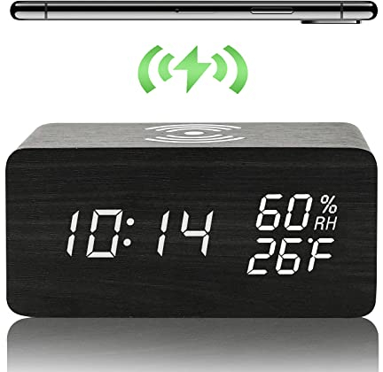 Digitaler Wecker Holz mit Kabellosem QI-Laden,Led Digital Uhr mit 3 Alarmeinstellungen und Anzeigefunktion für Temperatur und Luftfeuchtigkeit, Geeignet für Wohnzimmer, Schlafzimmer und Büros(Schwarz)