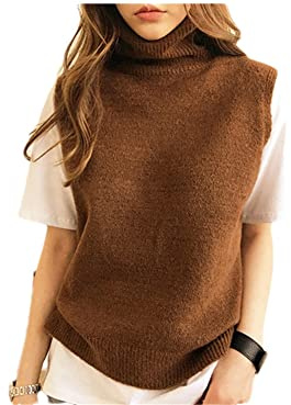 Suéter de cuello alto sin mangas de punto de cachemira 100% de las mujeres suéter de color sólido suéter chaleco, caramelo, M