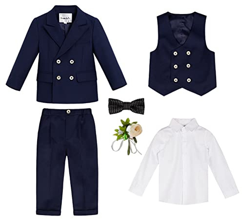 Bambini Completo Formale 4/5/6 Pezzi Gentiluomo Tuta Matrimonio Smoking Suit Abiti da Battesimo para Bambino,Tinta Unita Elegante Abito da Cerimonia Ragazzo Blazer Doppiopetto e Pantaloni 4-5 anni