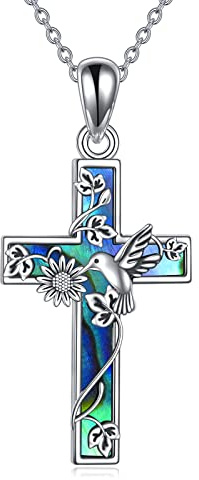 YFN Sunflower Cross Necklace Sterling Silver Hummingbird Cross Pendant Abalone Shell Jewelry Religious Christian Baptism Gifts for Her Women
