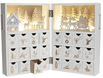 PE Wooden Christmas Advent Calendar Book with LED-lit Winter Forest Scene - 24 Drawer Countdown with Fine Silver Reindeer & Snow Design