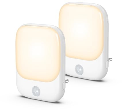 OQIMAX Nachtlicht Steckdose mit Bewegungsmelder, 2 Stück LED Nachtlicht mit 5 Einstellbare Helligkeit, 3 Modi (AUTO/EIN/AUS), Steckdosenlicht für Schlafzimmer, Kinderzimmer, Gang, Küche, Warmweiß